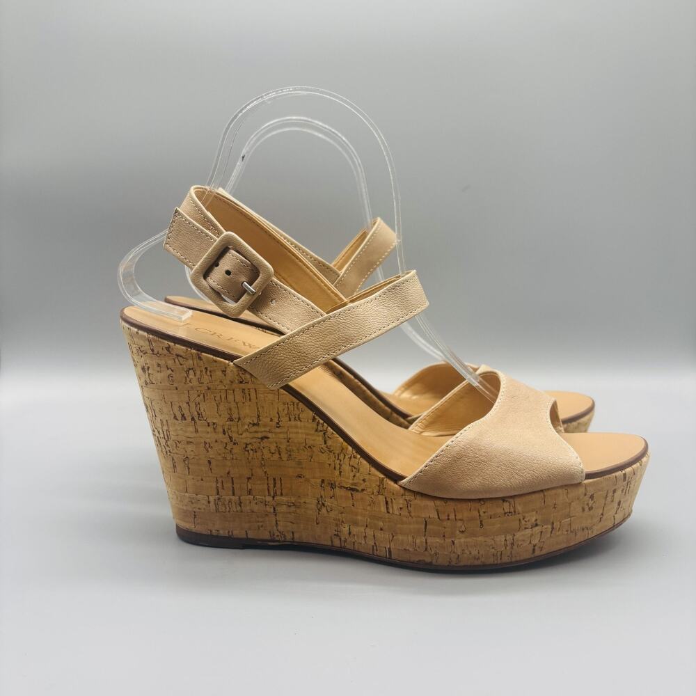 J Crew Sandals Womens 10 Brown Leather Cork Wedge Platform Ankle Strap Buckle